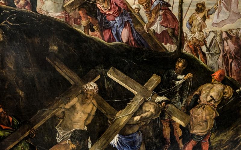 Quadro di Tintoretto alla Scuola di San Rocco: Gesù sale al Calvario con in spalle la croce