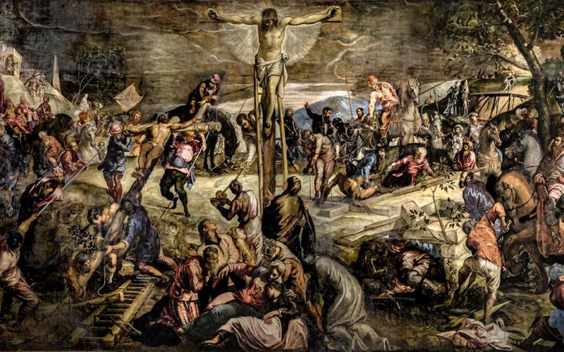 La crocifissione: opera di Jacopo Tintoretto nella Sala dell'Albergo della Scuola di San Rocco